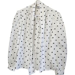 Petites by Judy Bond Vintage Pussybow Blouse White Black Diamond Print Size 8P